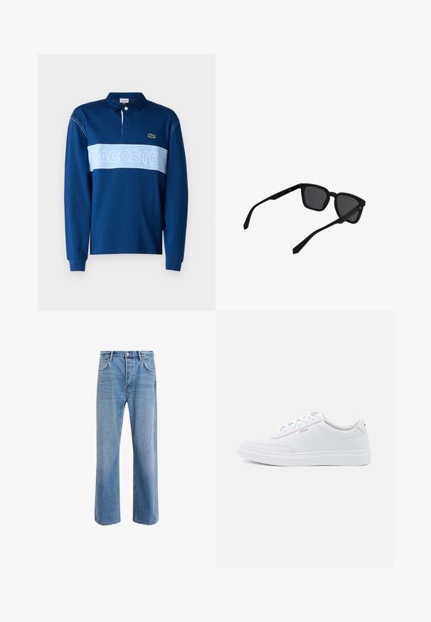 Námornícky modrá polokošeľa s dlhým rukávom s svetlomodrým horizontálnym pruhom obsahujúca text "LACOSTE", z mäkkej látky, s golierom na tri gombíky.; Svetlo modré denimové džínsy so strihom rovného nohu, päť vreciek, zapínanie na gombík, minimálne vyblednutie a kontrastné švy.; Biele kožené tenisky s hladkým povrchom, zaoblenou špičkou a tónovým prešívaním. Obsahujú modré šnúrky a zlaté logo na boku.; Čierne obdĺžnikové slnečné okuliare s hrubými rámami a tmavými šošovkami zobrazené v miernom uhle na bielom pozadí.