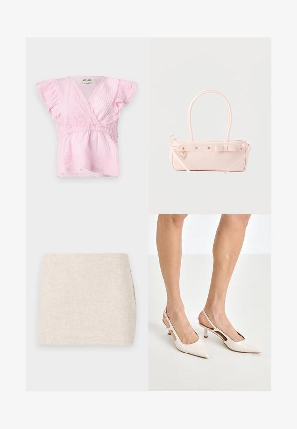 Rosa Kurzarmoberteil mit Wickeldesign, strukturierten Falten und Spitze entlang des Ausschnitts und der Ärmel. Elastischer Bund für eine gute Passform.; Beige Leinenrock mit minimalistischer Gestaltung, der eine glatte Textur und subtile Webart aufweist. Er hat einen geraden, schlichten Schnitt ohne sichtbare Verschlüsse.; Beige Lackleder Slingback-Absätze mit spitzem Fuß und 5 cm Absatz, mit ausgeschnittenen Seiten und einem schmalen Knöchelriemen.; Blassrosa rechteckige Handtasche mit doppelten Griffen, dekorativer Schleife, Metallösen und kleinem herzförmigem Anhänger vor einfarbigem Hintergrund.