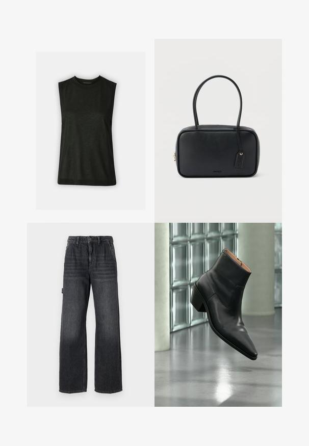 Sort, ærmeløs top lavet af blødt stof med en rund halsudskæring og en afslappet pasform. Simpelt design uden synlige mønstre eller hardware.; Bredde bukser i mørkegrå denim med høj talje, forlommer og diskret slidmærker på lårene. Kontrastsyning.; Sort læderankelstøvle med spids tå og blokhæl, der svæver over en reflekterende grå gulv nær en væg af glasblokke.; Sort rektangulær håndtaske med dobbelte runde håndtag, gylden lynlås og præget "HUGO"-logo foran med fastgjort lædermærke.