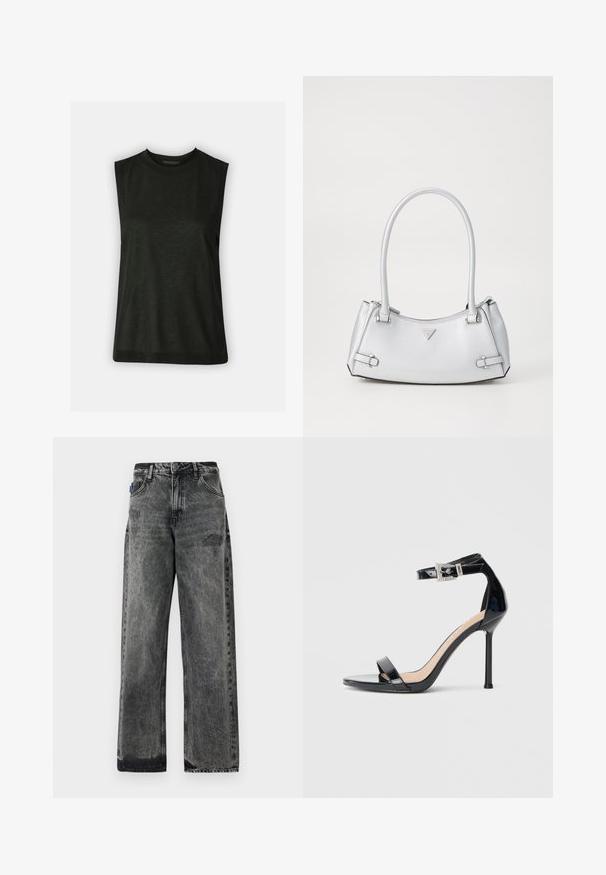Sort, ærmeløs top lavet af blødt stof med en rund halsudskæring og en afslappet pasform. Simpelt design uden synlige mønstre eller hardware.; Bredde ben sorte denimjeans med en falmet vask, slidte detaljer foran og standard fem-lomme design.; Sort højhælet sandal i laklæder med ankelrem. Har minimalistisk design, åben tå og spænde med rhinsten-detaljer.; Sølv håndtaske med et struktureret design, der har to håndtag, en skinnende overflade, accenthardware og et trekantet logo på fronten.