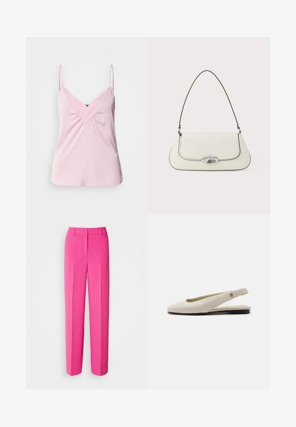 Haut sans manches rose clair avec un col en V et un détail froncé à l'avant. Fabriqué en tissu lisse avec des bretelles fines et un ourlet arrondi.; Pantalons tailleur roses éclatants avec une coupe droite, présentant une texture lisse, des plis à l'avant et une taille plate.; Chaussure plate slingback en cuir couleur crème avec un bout arrondi et un petit emblème doré sur la bride.; Sac à main en cuir blanc avec un design courbé, des coutures noires contrastantes, et un fermoir en métal argenté arborant le logo Calvin Klein.