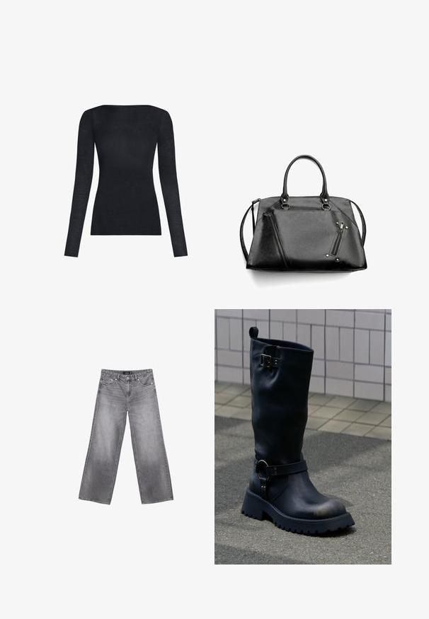 Haut noir à manches longues fabriqué dans un matériau léger et doux, avec une coupe ajustée et un col rond, ne présentant aucun motif ou élément matériel supplémentaire.; Jeans gris à jambes larges avec poches avant, passants de ceinture et fermeture par bouton, présentant des détails délavés sur les cuisses et les genoux.; Botte en cuir noir mi-mollet avec semelle épaisse, boucle métallique près du sommet, et bride avec détail anneau au-dessus de la cheville, sur une surface pavée.; Sac à main en cuir synthétique noir avec double poignées, une bandoulière amovible, des zips angulaires et des ferrures en argent. Fini texturé avec des détails de couture.