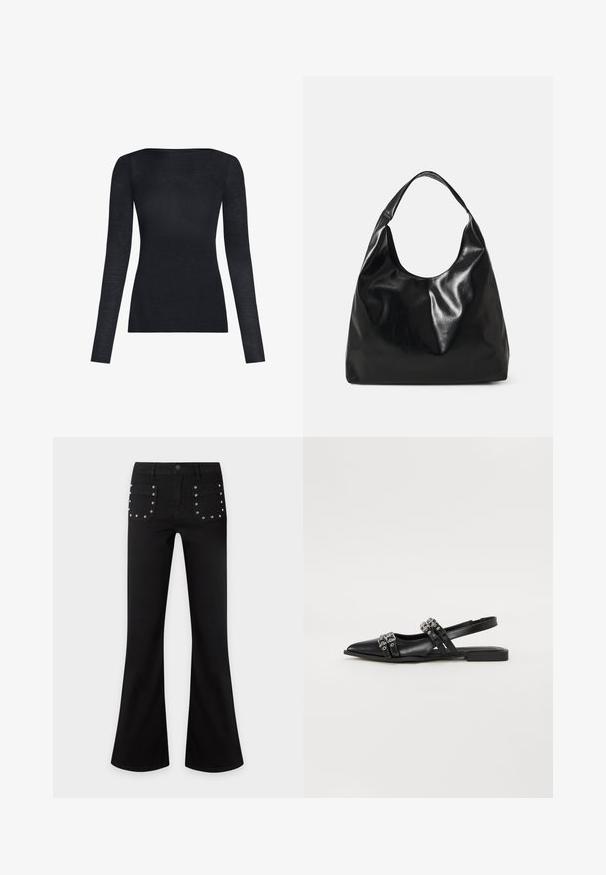 Haut noir à manches longues fabriqué dans un matériau léger et doux, avec une coupe ajustée et un col rond, ne présentant aucun motif ou élément matériel supplémentaire.; Pantalon noir évasé avec poches avant décorées de clous argentés espacés régulièrement, fermeture par bouton et fermeture éclair.; Even&Odd Ballerines à brides arrière - black; Sac hobo en cuir noir avec une texture douce et brillante et un haut ouvert arrondi. Dispose d'une large sangle courbée pour le transport. Pas de matériel visible.