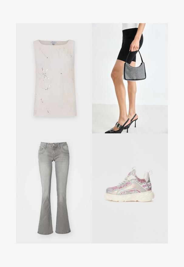 Top sans manches de couleur crème avec broderies florales et accents métalliques. Encolure carrée, texture lisse et ornements détaillés sur l'ensemble.; Jeans gris évasés avec une taille mi-haute, poches avant et fermeture à bouton, fabriqués en denim avec une texture lisse.; Basket de sport chunky avec semelle blanche, panneaux holographiques, accents pailletés rose et argent, lacets blancs et texte "BUFFALO" sur la bride du talon.; Sac à main à perles noires avec une silhouette courbée, une poignée de transport et une texture brillante. Porté avec des chaussures à talons hauts noires et un short noir ajusté.
