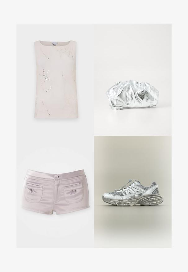 Top sans manches de couleur crème avec broderies florales et accents métalliques. Encolure carrée, texture lisse et ornements détaillés sur l'ensemble.; Shorts violet clair en tissu lisse et brillant, avec deux poches à l'arrière et une fermeture à bouton à l'avant avec une taille plate.; Baskets athlétiques blanches et grises avec motif floral, semelle épaisse texturée et fermeture à lacet élastique avec tirette, sur fond neutre.; Pochette argent métallique avec un corps doux et froncé et une fine bandoulière. Présente une texture lisse et brillante ainsi qu'une forme arrondie.