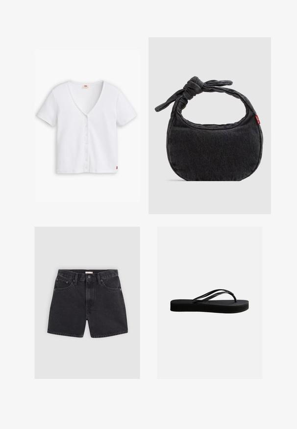 Top blanco de manga corta con cuello en V profundo, que presenta una fila de seis botones en la parte delantera y un pequeño logo rojo en el dobladillo.; Pantalones cortos de mezclilla negra con cintura alta, cinco bolsillos, botón de metal y costuras en contraste. Textura suave y corte recto en el dobladillo.; Chancla negra de goma con suela texturizada y correa en forma de Y, mostrada en vista lateral sobre un fondo liso y claro.; Bolso pequeño de hombro de mezclilla negra con correa anudada y cierre de cremallera, con una etiqueta de tela roja de Levi's en el lateral.