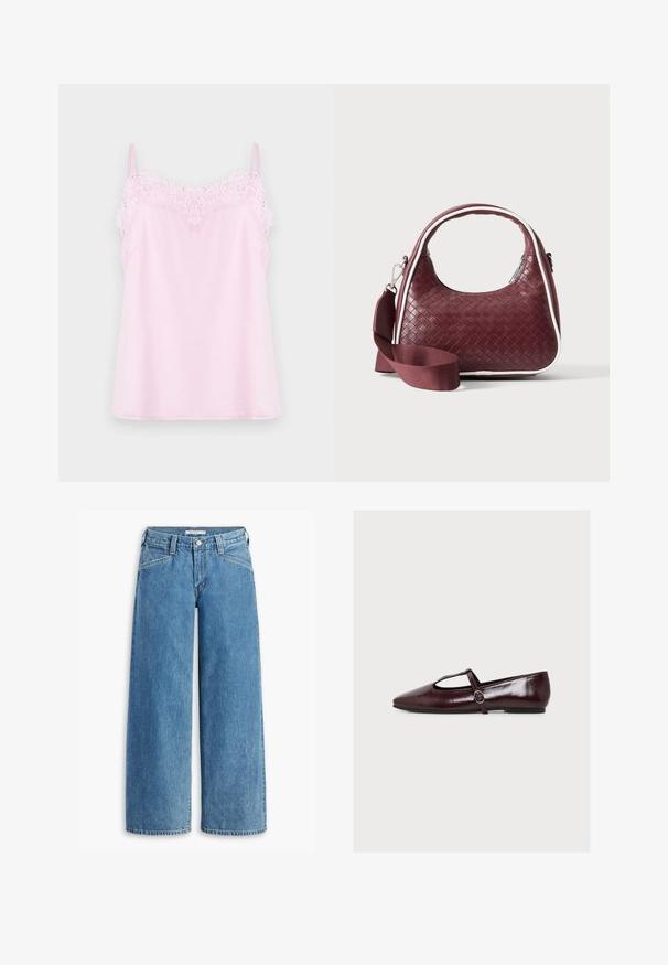 Lyserød camisole med justerbare stropper, der har en delikat spidskant langs udskæringen og en glat, blød stofoverflade.; Lysblå bredbenede jeans lavet af denim, med høj talje, fem lommer og en klassisk knaplukning. Lige snit fra lår til kant.; Bordeauxrød lakflad Mary Jane-sko med spids tå, T-rem-design og lille side spænde mod en ensfarvet hvid baggrund.; Mørkerød vævet lædertaske med buet hank, hvid kant, sølv lynlås og aftagelig bred stofskulderrem mod en ensfarvet baggrund.