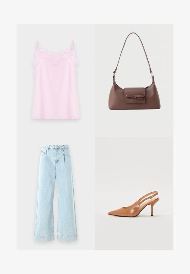 Camisole rose avec des bretelles réglables, ornée d'une délicate bordure en dentelle le long de l'encolure et d'une texture de tissu lisse et doux.; Jeans larges en denim bleu clair, avec une taille haute, des poches avant et des accents cousus à l'ourlet.; Escarpin à talon slingback à bout pointu en matériau beige lisse et brillant. Présente un design de découpes courbées et un talon aiguille fin. Détail de boucle en argent.; Sac à bandoulière en cuir marron avec une poche à rabat avant ornée d'un détail en forme de nœud cousu et une sangle réglable.
