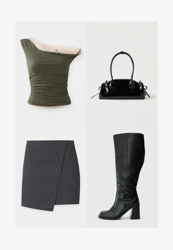 BDG Urban Outfitters FREYA TWIST - Μπλούζα - khaki; Μίνι φούστα σε στυλ περιτύλιξης σε σκουρόγρινο χρώμα με καθαρές γραμμές και διακριτική πλευρική επικάλυψη.; Μαύρες δερμάτινες μπότες μέχρι το γόνατο με τετράγωνη μύτη, ευρύ τακούνι και διακοσμητικό λουράκι με μεταλλικές λεπτομέρειες γύρω από τον αστράγαλο. Λείος υφασμάτινος σχεδιασμός.; Μικρή μαύρη γυαλιστερή τσάντα με δύο μακριές λαβές και λεπτομέρειες με ρυθμιζόμενο κορδόνι στο πλάι σε απλό ανοιχτό φόντο.