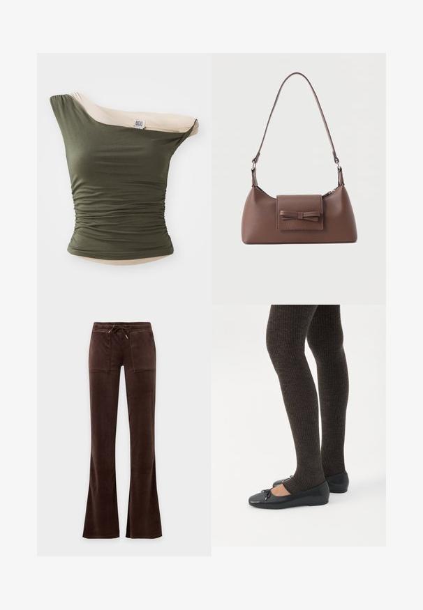 BDG Urban Outfitters FREYA TWIST - Μπλούζα - khaki; Σκούρο καφέ παντελόνι βελουτέ με κορδόνι στη μέση, δύο μπροστινές τσέπες και ελαφρώς φαρδιά πόδια σε απλό φόντο.; Πόδια με σκουρόχρωμα ριμπ κολάν συνδυασμένα με μαύρα μπαλαρίνα παπούτσια με μικρές λεπτομέρειες φιόγκων σε λευκό φόντο.; Καφέ δερμάτινη τσάντα ώμου με μπροστινή τσέπη με καπάκι, διακοσμημένη με ραμμένη λεπτομέρεια φιόγκου και ρυθμιζόμενο λουρί.
