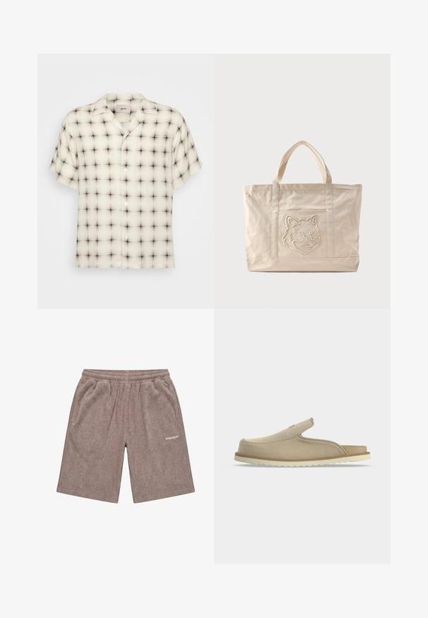 Lichtcrème overhemden met korte mouwen en een zwart-grijze ruitpatroon, voorzien van een camp collar en één borstzak.; Fleece shorts in taupekleur met elastische tailleband, zijzakken en klein wit "PEGADOR"-logo op het rechterbeen.; Beige instapsandaal met gesloten teen, open hiel, zacht suède bovenwerk en witte gestructureerde rubberen zool, getoond in zijaanzicht op witte achtergrond.; Beige canvas tas met dubbele handvatten en een reliëf ontwerp van een wolfskop op het voorvak.