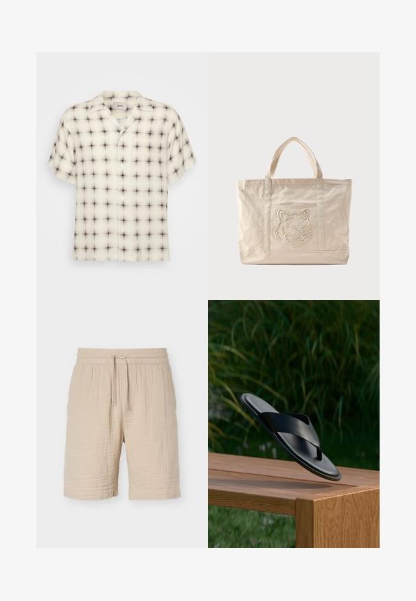 Lichtcrème overhemden met korte mouwen en een zwart-grijze ruitpatroon, voorzien van een camp collar en één borstzak.; Beige shorts van katoenmix met elastische tailleband, verstelbaar trekkoord, gestructureerde stof en een zoom tot op de knielengte.; Zwarte leren slidesandaal met kruisbanden die boven een houten bankje buiten zweeft met een groene bladachtergrond.; Beige canvas tas met dubbele handvatten en een reliëf ontwerp van een wolfskop op het voorvak.