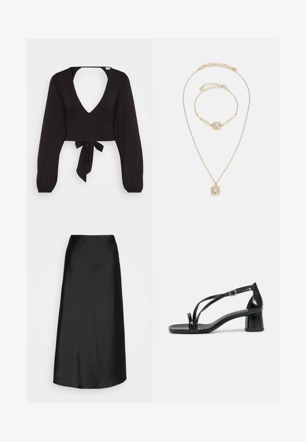 Čierny cropped top s dlhými puff rukávmi, hlbokým V výstrihom a viazaním v páse, vyrobený z hladkej a elastickej tkaniny.; Čierna saténová midi sukňa so hladkou textúrou, do tvaru A a s jemným leskom. Má elegantný, jednoduchý dizajn bez ozdôb.; Čierne sandále na podpätku so štvorcovou špičkou, s prekrytými remienkami a nastaviteľným remienkom okolo členku. Vyrobené z lesklého syntetického materiálu.; Zlatá šperková súprava obsahujúca náhrdelník a náramok. Obe majú kvetinový vzor s centrálnym priehľadným drahokamom. Reťaze sú jemné a textúrované.