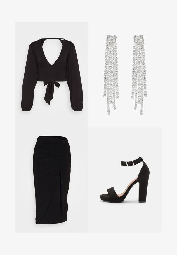 Top court noir avec de longues manches bouffantes, décolleté en V profond et fermeture nouée à la taille, fabriqué dans un tissu lisse et extensible.; Jupe crayon noire froncée avec détail à nouer et fente latérale. Fabriquée à partir d'un tissu extensible, elle présente une texture lisse et une coupe ajustée.; Anna Field by Zalando Sandales - black; De longues boucles d'oreilles en argent ornées d'un assortiment de cristaux transparents à facettes, disposés en fils cascade de longueurs et de formes variées.