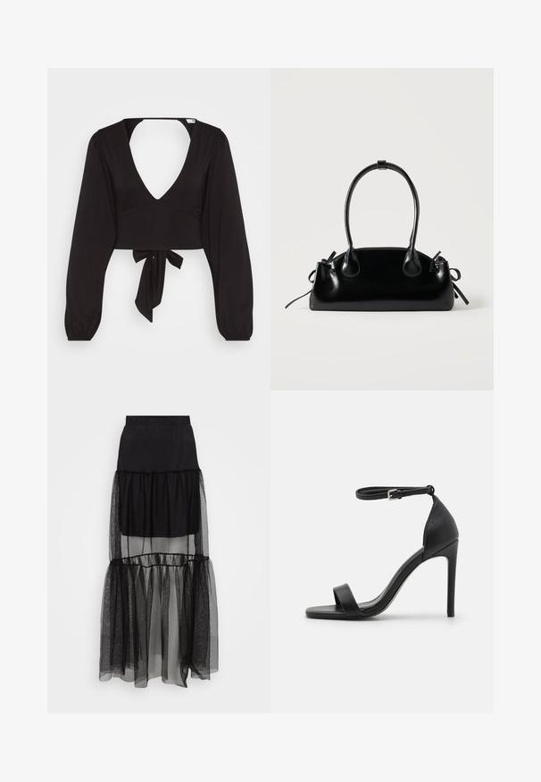 Top court noir avec de longues manches bouffantes, décolleté en V profond et fermeture nouée à la taille, fabriqué dans un tissu lisse et extensible.; Jupe noire à plusieurs couches avec une section inférieure transparente et texturée, une taille élastique et un design fluide. Composée de matériaux légers.; Sandale noire à talons hauts au design épuré, avec une bride au niveau de la cheville, un bout ouvert et une texture en cuir lisse.; Petit sac à main noir brillant avec deux longues anses et des détails à cordon sur les côtés sur un fond clair uni.