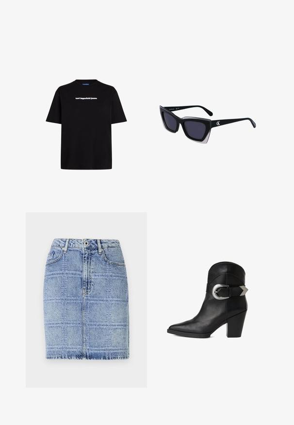 Čierne bavlnené tričko s krátkymi rukávmi, s bielym textovým logom "karl lagerfeld jeans" na prednej strane. Dizajn s okrúhlym výstrihom.; Džínová sukňa v svetlom modrom prevedení s mriežkovaným vzorom. Má vysoký pás, dve predné vrecká a akcenty v podobe stehov pozdĺž lemovania a švov.; Čierne kožené členkové topánky s špicatou špičkou, masívnym podpätkom a širokým remienkom so zaoblenou striebornou sponou na boku. Hladká textúra.; Čierne oversized slnečné okuliare s geometrickým tvarom, s tmavými šošovkami a kontrastným šedým detailom na ráme. Logo na mostíku.