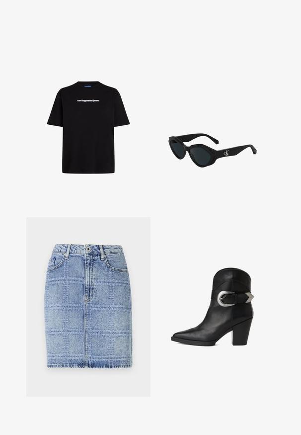 Sort bomulds t-shirt med korte ærmer, der har et hvidt tekslogo "karl lagerfeld jeans" på forsiden. Rund hals design.; Denim nederdel i lyseblå med et rutenetmønster. Har høj talje, to forlommer og syningsdetaljer langs kanten og sømmene.; Sort læder ankelsko med spidse tæer, kraftig hæl og en bred rem med en cirkulær sølvspænde på siden. Glat tekstur.; Sorte katteøje solbriller med en glat finish, mørke linser og et "cK"-logo på stangen. Vinklet design og tykke stel.