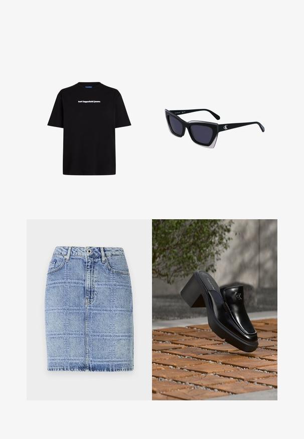 Sort bomulds t-shirt med korte ærmer, der har et hvidt tekslogo "karl lagerfeld jeans" på forsiden. Rund hals design.; Denim nederdel i lyseblå med et rutenetmønster. Har høj talje, to forlommer og syningsdetaljer langs kanten og sømmene.; Sort læder Calvin Klein slip-on mule med blokhæl, der hviler på trætøj udendørs nær en grøn plante og en grå væg.; Store sorte oversized solbriller med geometrisk form, med mørke linser og en kontrasterende grå detalje på stellet. Logo på armen.