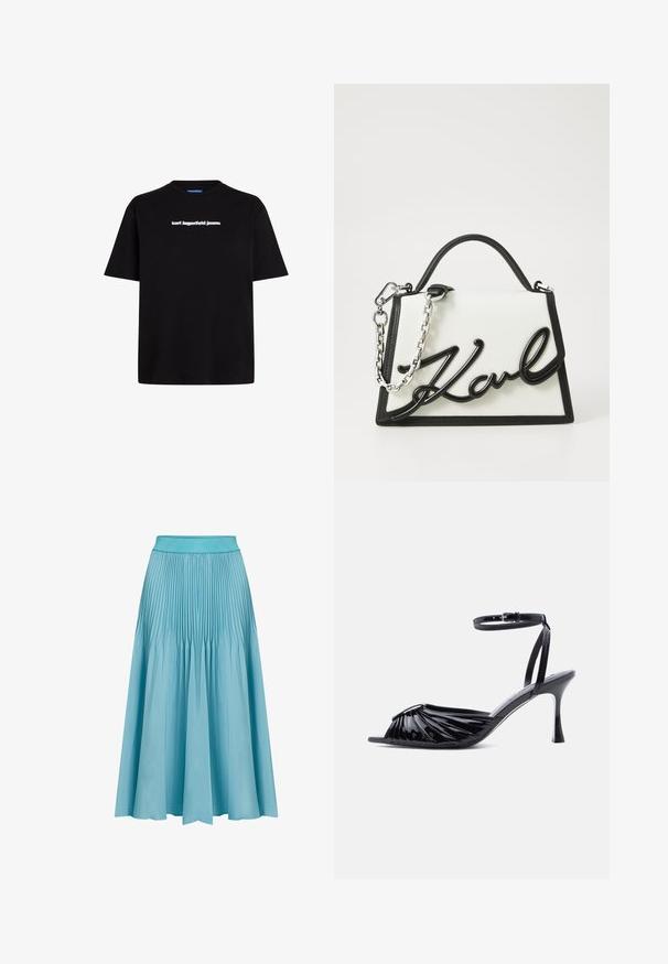 Musta puuvilla t-paita, jossa on lyhyet hihat ja valkoinen tekstilogo "karl lagerfeld jeans" edessä. Pyöreä kaula-aukko.; Pleated midi-hame vaaleansinisessä värissä. Ominaisuuksiin kuuluu leveä vyötärö, virtaava muoto ja pystysuorat laskokset, jotka lisäävät tekstuuria ja liikettä.; Musta kiiltonahkainen korkokenkä, jossa avoin kärki, ryppyinen etuosasuunnittelu ja säädettävä nilkkahihna soljella.; Valkoinen nahkalaukku mustilla yksityiskohdilla, jossa on tunnusomainen musta logo. Laukussa on jämäkkä muoto ja hopeaketjuolkain.