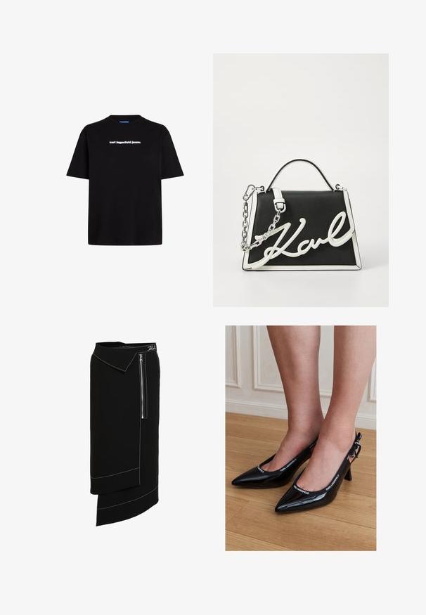 Čierne bavlnené tričko s krátkymi rukávmi, s bielym textovým logom "karl lagerfeld jeans" na prednej strane. Dizajn s okrúhlym výstrihom.; Čierna midi sukňa s širokým golierom, so zapínaním na bočnom zipsu, bielymi prešívaniami a asymetrickým lemom. Hladká textúra.; Čierne lodičky s lesklou kožou, s úzkou špičkou a priehlavkom s logom KARL LAGERFELD, nosené na nohách stojacich na drevenej podlahe.; Čierna kožená kabelka s bielymi akcentmi. Obsahuje reťazový popruh, štruktúrovaný tvar a výrazný biely detail loga. Hladká textúra.