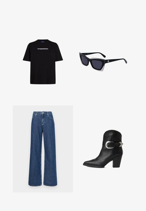 Čierne bavlnené tričko s krátkymi rukávmi, s bielym textovým logom "karl lagerfeld jeans" na prednej strane. Dizajn s okrúhlym výstrihom.; Džíny s širokými nohavicami z modrej denimu s vysokým pásom, so prednými vreckami a jedným gombíkom na zapínanie. Štruktúrovaná tkanina s viditeľným šitím.; Čierne kožené členkové topánky s špicatou špičkou, masívnym podpätkom a širokým remienkom so zaoblenou striebornou sponou na boku. Hladká textúra.; Čierne oversized slnečné okuliare s geometrickým tvarom, s tmavými šošovkami a kontrastným šedým detailom na ráme. Logo na mostíku.