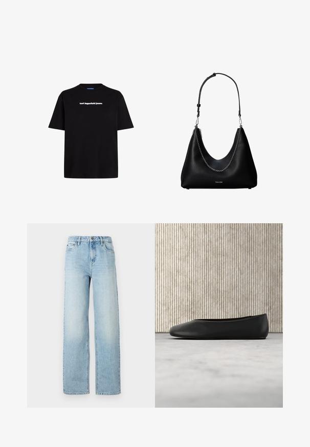 Sort bomulds t-shirt med korte ærmer, der har et hvidt tekslogo "karl lagerfeld jeans" på forsiden. Rund hals design.; Lysblå denim bukser med vid ben, klassisk fem-lomme-design, knaplukning og subtilt slitage for tekstur.; Sorte læder balletflade med en rund tå, glat tekstur og en gulds logoaccent på siden. Placeret over en reflekterende overflade.; Sort læderhåndtaske med sølvkæde detalje og justerbar skulderrem, med Calvin Klein-logo på forsiden.