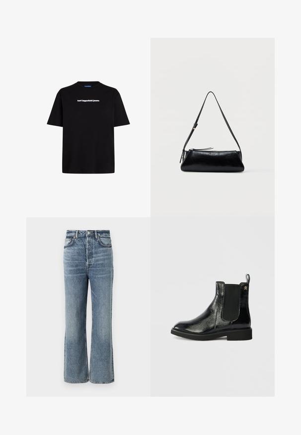 Sort bomulds t-shirt med korte ærmer, der har et hvidt tekslogo "karl lagerfeld jeans" på forsiden. Rund hals design.; Lysblå højtaljede jeans med bred benudskæring, afsluttet med subtilt falming, fem-lomme design og metalknap hardware.; Sorte læder Chelsea støvle med blank overflade, elastiske sidepaneler og løkkehåndtag. Flad sål og rund tå. Minimalistisk design med guldfarvet logo-detalje.; Sort læder skuldertaske med tynd justerbar rem, lynlåslukning og lille metal "GUESS" logo foran i midten.