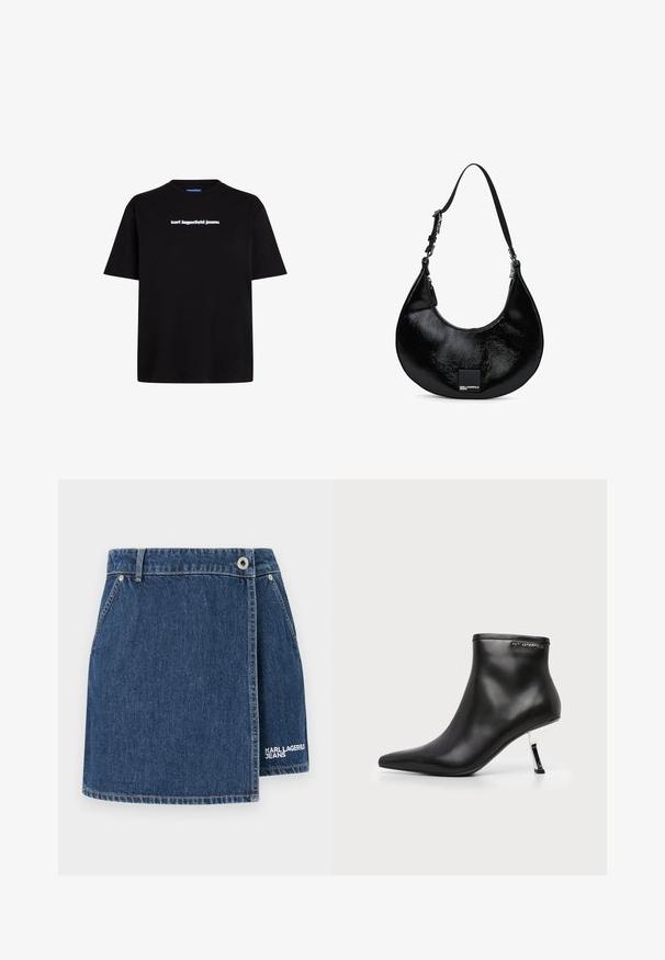 Sort bomulds t-shirt med korte ærmer, der har et hvidt tekslogo "karl lagerfeld jeans" på forsiden. Rund hals design.; Denim nederdel i mørkeblå med indpakningsdesign, sølvhardware og hvid "KARL LAGERFELD JEANS" logo broderi ved kanten.; Sort læder ankelstøvle med spids tå og en blank sølv stilethæle på en hvid baggrund.; Sort blank patenteret læder skuldertaske i halvmåneform med justerbar rem og Karl Lagerfeld Jeans logo-patch på forsiden.