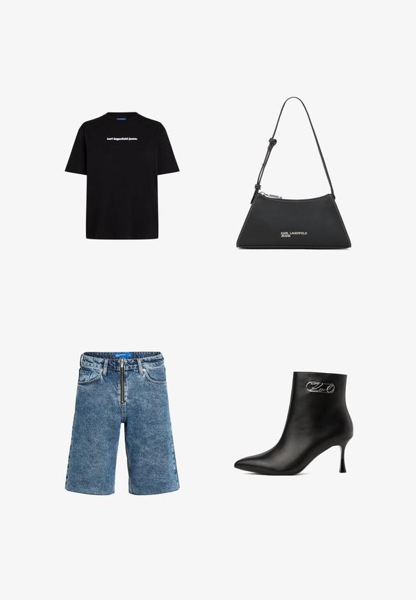 Sort bomulds t-shirt med korte ærmer, der har et hvidt tekslogo "karl lagerfeld jeans" på forsiden. Rund hals design.; Lys blå denimshorts med lynlås, fem lommer og lige ben-design med frynset kant.; Sort læderankelstøvle med spids tå, tynd hæl og sølv dekorativ spænde på ydersiden nær toppen.; Sort læderhandtaske med trekantet form, der har en sølvlynlås, hvidt syning og et "KARL LAGERFELD JEANS" logo foran.