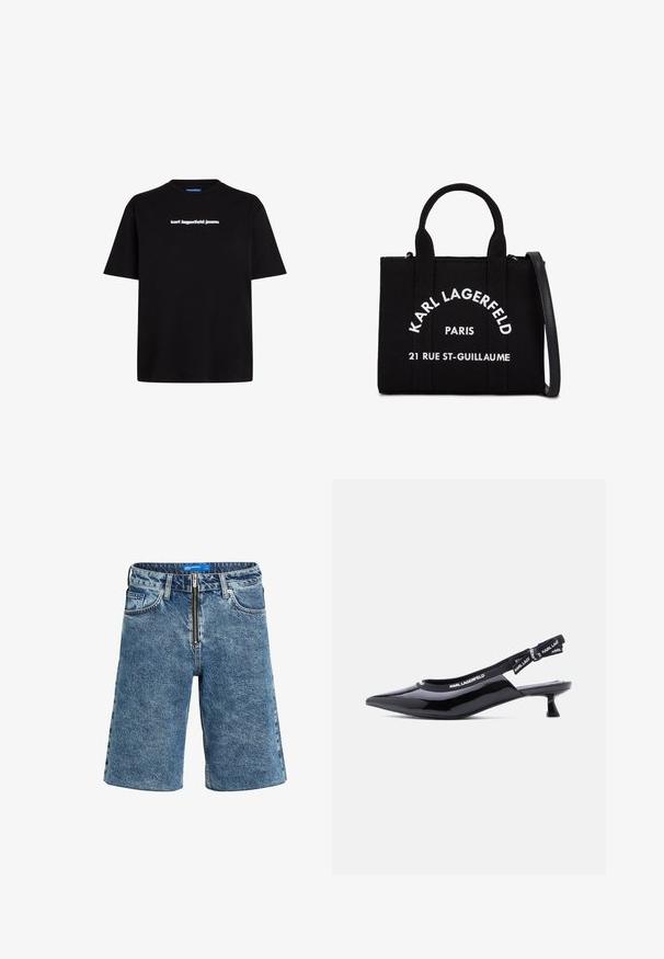 Schwarzes Baumwoll-T-Shirt mit kurzen Ärmeln, das auf der Vorderseite ein weißes Textlogo "karl lagerfeld jeans" trägt. Rundhalsausschnitt-Design.; Jeans-Shorts in heller Waschung, mit Reißverschluss, fünf Taschen und geradem Bein-Design mit fransigen Saumdetails.; Schwarzer Slingback-Pumps aus Lackleder mit spitz zulaufender Kappe und elastischem Markenriemen mit der Aufschrift "KARL LAGERFELD".; Schwarze Stoffhandtasche mit zwei oberen Griffen und einem abnehmbaren Schultergurt. Mit weißem Text: "KARL LAGERFELD PARIS 21 RUE ST-GUILLAUME."