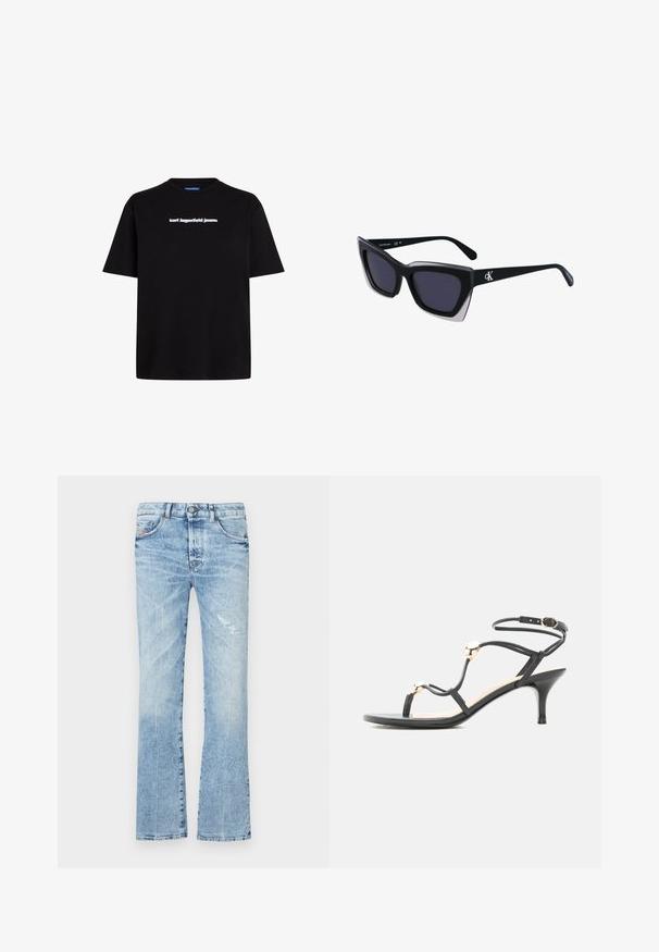 Sort bomulds t-shirt med korte ærmer, der har et hvidt tekslogo "karl lagerfeld jeans" på forsiden. Rund hals design.; Lyseblå flagrende jeans lavet af denim. Har en falmet vask, et slidmærke, fem lommer og en knaplukning i taljen.; Sort midhæl sandal med stropper, guld accenter perler og ankelrem med spænde på hvid baggrund.; Store sorte oversized solbriller med geometrisk form, med mørke linser og en kontrasterende grå detalje på stellet. Logo på armen.
