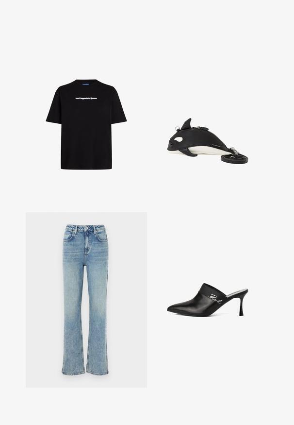 Čierne bavlnené tričko s krátkymi rukávmi, s bielym textovým logom "karl lagerfeld jeans" na prednej strane. Dizajn s okrúhlym výstrihom.; Svetlomodré zvonové džínsy vyrobené z denimu, s gombíkovým zapínaním, piatimi vreckami a jemným vyblednutím pre opotrebovaný vzhľad.; Čierne kožené muly s špicatou špičkou a ihlovým podpätkom. Obsahuje široký pás s strieborným písmom na boku. Hladká textúra.; Čierno-biela taška cez rameno v tvare kosatky so zipsovým uzáverom, malými plutvovitými detailmi a odnímateľným popruhom stočeným vedľa nej.