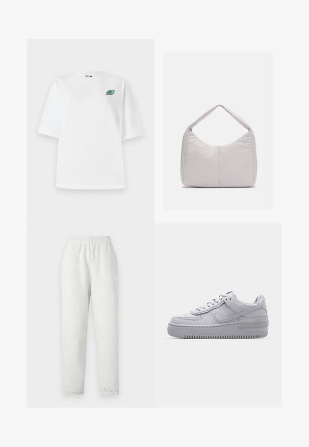 Hvid bomulds T-shirt med kortærmer, oversized pasform, med et lille multicolor logo på venstre brystområde. Glat tekstur.; Lys grå sweatpants med elastisk talje, tapered ben og ribbede manchetter. Fremstillet af et blødt, tekstureret stof. Hvid logo detalje på siden.; Grå Nike Air Force 1 sneakers med perforeret tå, glat læderoverdel, tyk sål og præget 'AIR' detalje på hælen.; Lys grå polstret skuldertaske med en buet form, der har en enkelt håndtag og en glat, textured overflade. Simpelt design uden yderligere hardware.