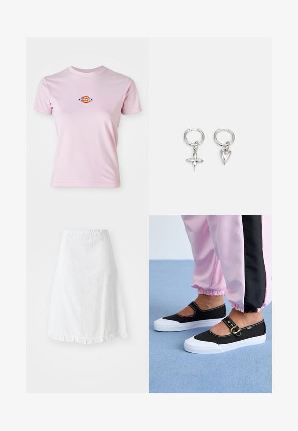 Lyserød bomulds t-shirt med korte ærmer, rund halsudskæring og et lille cirkulært logo i rød, gul og blå på brystet.; Hvid nederdel med elastisk talje, der har et tekstureret mønster og en flæset snit i bunden. Enkel A-formet design.; Sorte lærredssko med en hvid sål, der har et udskæringsdesign og et guldspænde. Bæret med lyserøde træningsbukser.; Sølv hoop øreringe med et kors og hjerte charm. Glat, skinnende tekstur med en poleret finish. Hver charm hænger fra en sikker løkke.