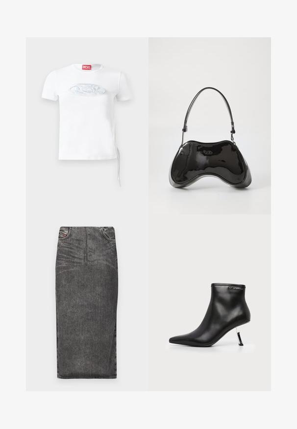Hvid kortærmet t-shirt lavet af bomuld, med et diskret præget logo i blågrå på brystet og justerbar snørredetalje i siden.; Grå denim midi-skjørt med vertikale striber, med høj talje, fem lomme-design og en ren kant.; Sort læder ankelstøvle med spids tå og en blank sølv stilethæle på en hvid baggrund.; Sort patentlæder håndtaske med en unik buet form, kort justerbar hank og en lynlåslukning i toppen. Glat tekstur med diskret branding.
