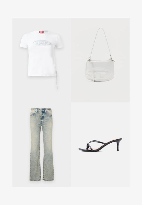 Hvid kortærmet t-shirt lavet af bomuld, med et diskret præget logo i blågrå på brystet og justerbar snørredetalje i siden.; Lysblå flared jeans lavet af denim, med en fem-lomme design, syninger detaljer og en almindelig talje med en knaplukning.; Sort laklædersandal med hæl, tynde krydsede remme og en slank mellemhøj stilethæl på en hvid baggrund.; Hvid skuldertaske i læder med en buet form, lynlås, sølvhardware og præget mønster på forsiden. Justerbar rem medfølger.