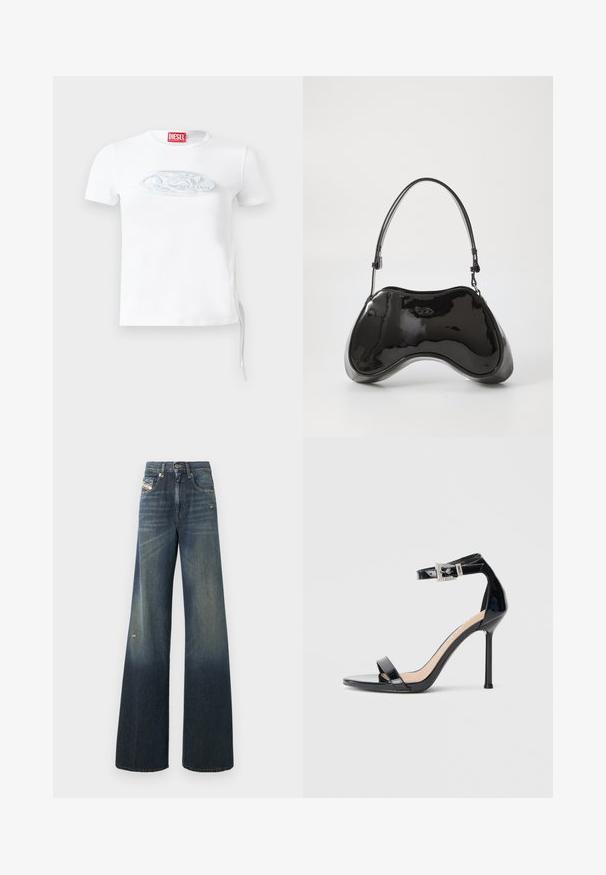 Hvid kortærmet t-shirt lavet af bomuld, med et diskret præget logo i blågrå på brystet og justerbar snørredetalje i siden.; Vidde ben jeans i mørkeblå med en falmet finish, med et slidt knæ og et klassisk fem-lomme design med et mærke.; Sort højhælet sandal i laklæder med ankelrem. Har minimalistisk design, åben tå og spænde med rhinsten-detaljer.; Sort patentlæder håndtaske med en unik buet form, kort justerbar hank og en lynlåslukning i toppen. Glat tekstur med diskret branding.