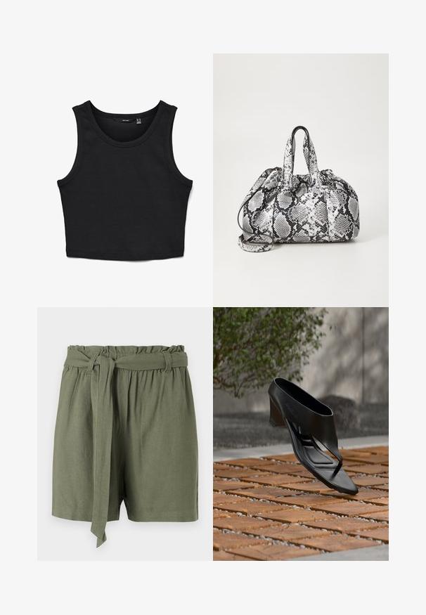 Μαύρο κοντό tank top φτιαγμένο από ριβέ ύφασμα. Διαθέτει φαρδιές τιράντες στους ώμους και στρογγυλή λαιμόκοψη με στενή εφαρμογή σε όλη την επιφάνεια.; Ελαιόχρωμο σορτς φτιαγμένο από ελαφρύ ύφασμα, με ψηλή μέση, ελαστική ζώνη και λεπτομέρεια με δεμένο ζωνάκι για ρυθμιζόμενη εφαρμογή.; Μαύρο πέδιλο με ψηλό τακούνι και λουράκι ανάμεσα στα δάχτυλα, που αιωρείται πάνω από ένα διακοσμημένο ξύλινο και χαλικάδικο εξωτερικό χώρο με θολό πράσινο και τοίχο στο φόντο.; Μαύρη και άσπρη τσάντα χειρός με σχέδιο φίδι, δύο λαβές, κλείσιμο με κορδόνι και αποσπώμενο ιμάντα ώμου. Λεία υφή.