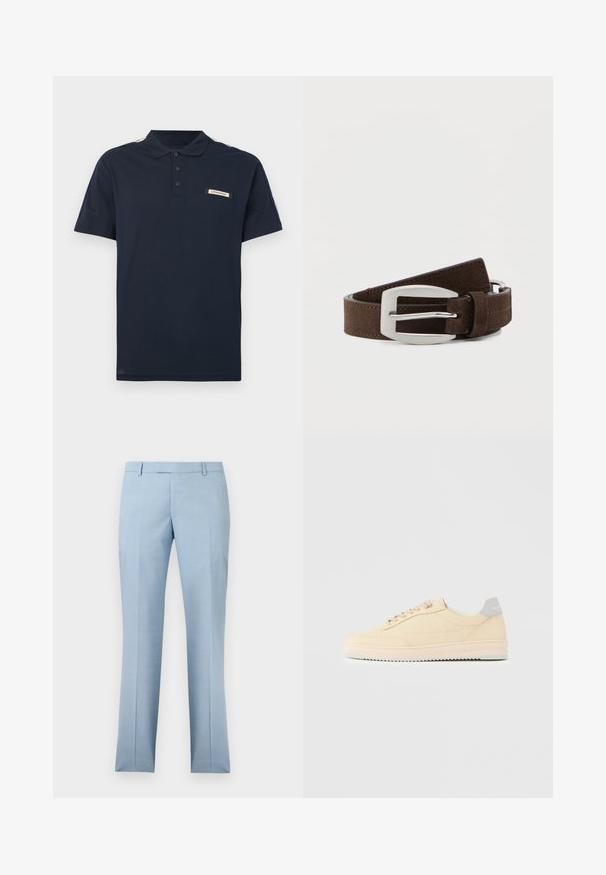 Polo bleu marine en coton doux, doté d'une patte à trois boutons, de manches courtes et d'un écusson logo sur la poitrine avec des rayures contrastantes.; Pantalon habillé pour homme bleu clair, ajusté, avec passants pour ceinture et une fermeture éclair à l'avant, présenté sur un fond blanc.; Baskets basses beige à lacets, semelle rose clair et languette grise à l'arrière marquée "Filling Pieces", vues de profil sur fond uni.; Ceinture en daim brun foncé avec boucle rectangulaire argentée, enroulée sur un fond gris clair.