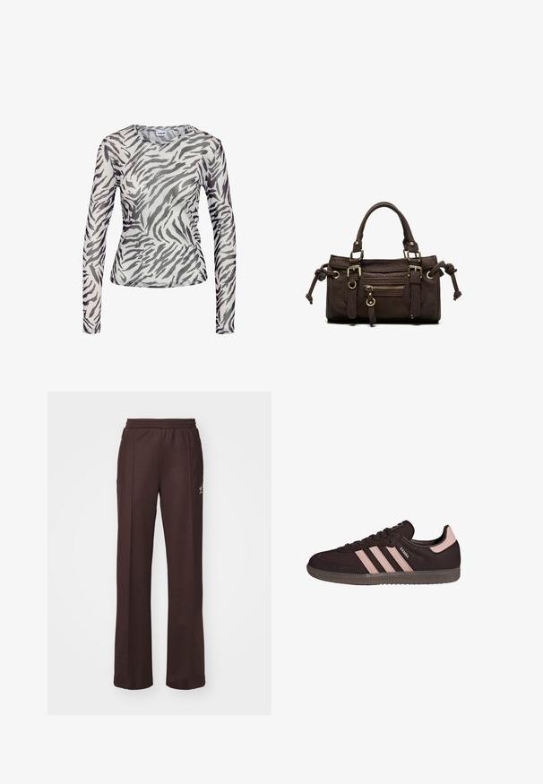 Noisy May NMJUDITH L/S MESH TOP BG NOOS - Top s dlhým rukávom - black; Hnedé športové nohavice s elastickým pásom, dvoma bočnými vreckami a malým logom na ľavej strane, vyrobené z mäkkej látky.; Čierna semišová teniska s tromi ružovými pruhmi, okrúhla špička, gumová podrážka a polstrovaný golier. Na boku a jazyku je vyrazené logo.; Tmavohnedá kožená kabelka s dvojitými rukoväťami, predným vreckom na zips, dekoratívnymi prackami a bočnými uzlami na bielom pozadí.