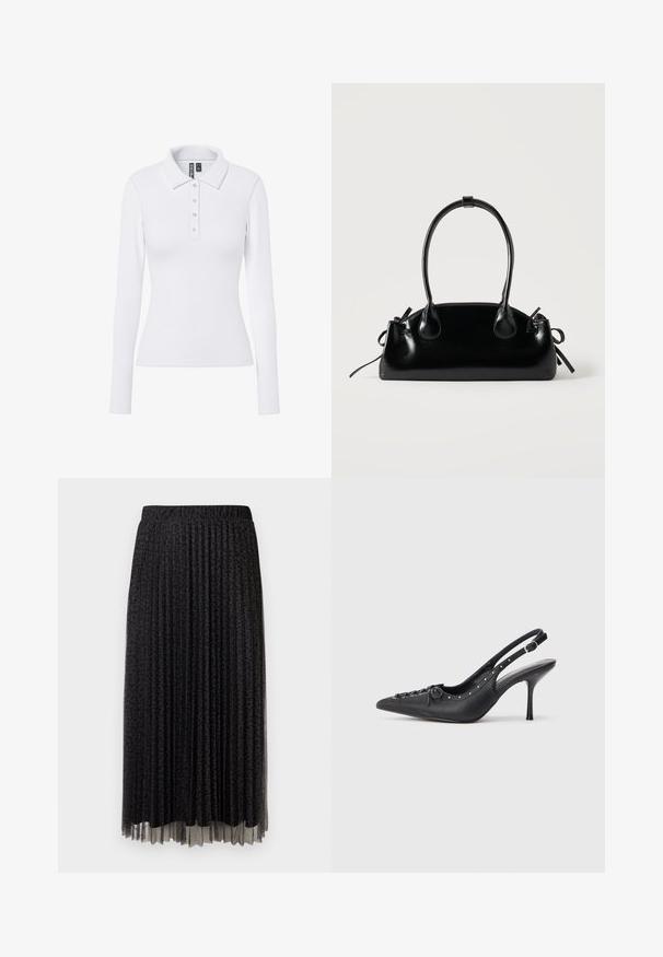Witte poloshirt met lange mouwen, geribbelde textuur, een puntige kraag en drie zilverkleurige knopen op de sluiting.; Zwarte geplooide midi-rok met een subtiele luipaardprint, elastische tailleband en een doorschijnende textuur aan de zoom.; Zwarte leren slingback stiletto met spitse neus, zijgesp met gesp, studs langs de rand en decoratieve veters aan de voorkant.; Kleine zwarte glanzende handtas met twee lange hengsels en zijkant trekkoord details op een effen lichte achtergrond.