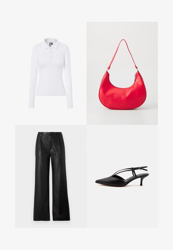 Witte poloshirt met lange mouwen, geribbelde textuur, een puntige kraag en drie zilverkleurige knopen op de sluiting.; Zwarte wijde leren broeken van soepel leer met een sluiting met een knoop aan de voorkant en twee diagonale zakken aan de voorkant.; Zwarte leren pumps met spits toelopende neus, kittenheel met dunne enkelriem en gesp, slingback ontwerp, op een effen lichte achtergrond.; Rode synthetische leren schoudertas met een gebogen vorm, slanke strap en een ritsluiting. Glad oppervlak met zichtbare stiksels.