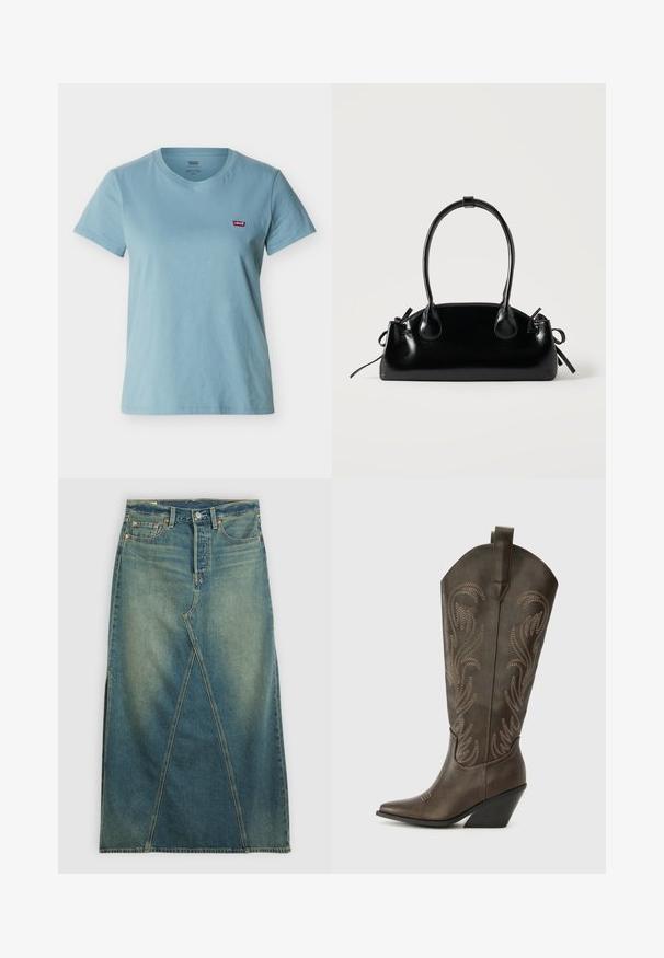 T-shirt bleu clair à manches courtes et col rond avec un patch logo Levi's rouge sur la poitrine gauche sur fond blanc.; Jupe en denim à taille haute, de couleur bleu moyen. Caractéristiques : couture frontale distincte, fentes sur les côtés et conception standard à cinq poches.; Botte de cowboy en cuir marron avec un embout pointu, un talon compensé et des broderies décoratives. Dispose d'un long tige et d'une languette de tirage.; Petit sac à main noir brillant avec deux longues anses et des détails à cordon sur les côtés sur un fond clair uni.