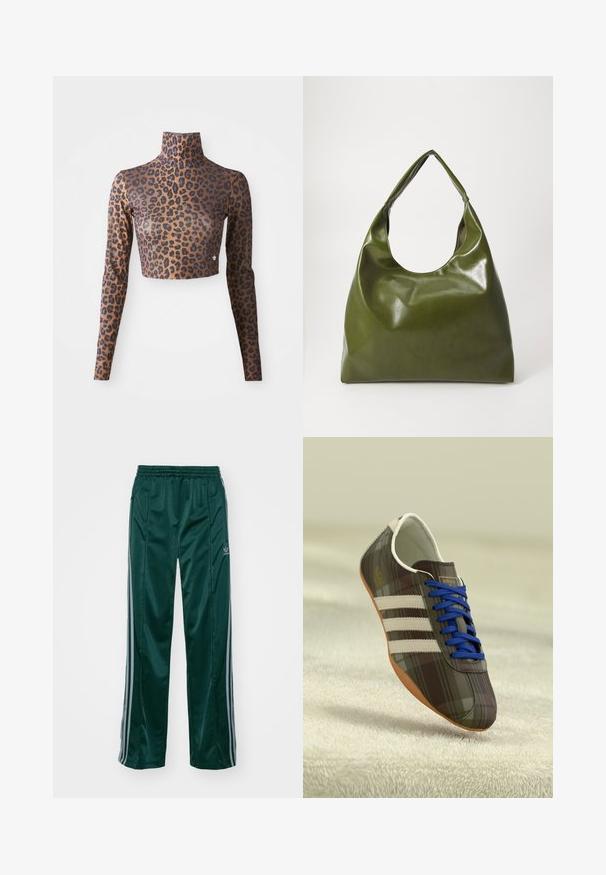 Hnedo-čierny crop top s dlhým rukávom so vzorom leopardích škvŕn, s vysokým golierom a hladkou, jemnou textúrou. Diskrétny logový detail na leme.; Tmavozelené športové nohavice vyrobené z lesklého materiálu, s bočnými pruhmi v svetlošedej farbe a vyšitým logom na ľavom stehne.; Hnedé kárované športové topánky s modrými šnúrkami, tromi bielymi pruhmi a hladkým povrchom, s svetlohnedou gumovou podrážkou.; Zelená kožená hobo taška so uvoľneným dizajnom, zakriveným držadlom a hladkým povrchom. Neobsahuje žiadne viditeľné kovania ani akcenty.