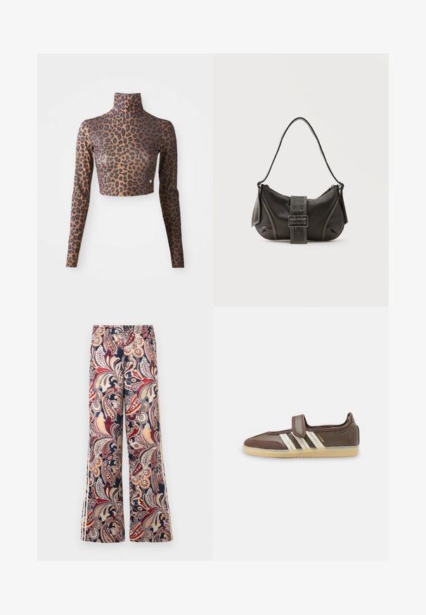 Hnedo-čierny crop top s dlhým rukávom so vzorom leopardích škvŕn, s vysokým golierom a hladkou, jemnou textúrou. Diskrétny logový detail na leme.; Nohavice so širokými nohavicami a elastickým pásom, s farebným vzorom paisley v odtieňoch červenej, béžovej, námorníckej modrej a oranžovej.; Hnedá teniska s béžovou gumovou podrážkou, tromi bielymi pásikmi na boku a jedným suchým zipsom na vrchu.; Čierna kožená kabelka cez rameno s detailom prackového popruhu, zaoblenými okrajmi a kontrastným bielym prešívaním na jednoduchom pozadí.