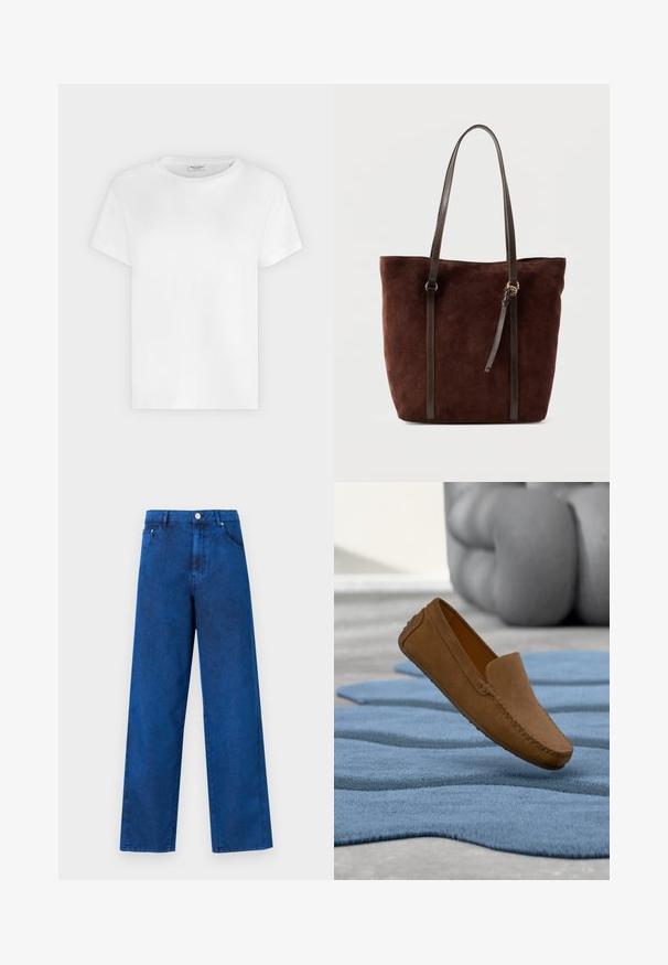 Witte T-shirt met korte mouwen en ronde hals met een zichtbaar Marc O’Polo-label aan de binnenkant van de kraag tegen een effen achtergrond.; Blauwe denim wijde broekspijpen met een hoge taille, voorzien van stiksels, voorzakken en een metalen knoopsluiting.; Bruine suède loafer die zweeft boven een gestructureerd blauw tapijt met een grijze gecapitonneerde stoel op de achtergrond.; Donkerbruine suède tas met lange smalle leren handvatten en een kleine leren kwast op een gladde achtergrond.