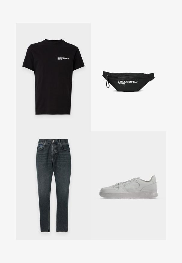 Zwarte T-shirt van katoen, met een ronde hals en korte mouwen. Opvallende witte logo-tekst op de linkerkant van de borst. Eenvoudig ontwerp.; Donkergrijze denim jeans met een rechte pasvorm, vijf zakken, knoopsluiting en subtiele vervaging. Gemaakt van katoen met een stevige textuur.; Witte lage Lacoste sneaker met veters, geprint logo aan de zijkant en een gestructureerde zool op een effen achtergrond.; Zwart heuptasje met rits en witte "KARL LAGERFELD JEANS" logo aan de voorkant, en verstelbare riem aan beide zijden.