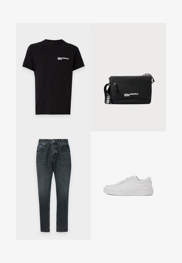 Must musta, mis on valmistatud puuvillast, laia kaelusega ja lühikeste varrukatega. Vasakul rinnal on silmatorkav valge logo tekst. Lihtne disain.; Tumedad halli denim püksid otse lõikega, viie tasku, nööpkinnis ja kerge kulumine. Valmistatud puuvillast, millel on sile tekstuur.; Valge nahast tennisetossud klassikalise madala disainiga, tasase tallaga ja peene kaubamärgiga logoga kanna peal. Omab viit metallist silma lukkude jaoks.; Mustast siledast nailonist postikott. Varustatud reguleeritava rihma, esiküljel lukust takga ja valge trükitud logoga. Ristkülikukujuline minimalistliku disainiga.