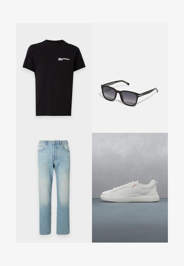 T-shirt noir en coton, avec un col ras du cou et des manches courtes. Texte logo blanc notable sur la zone de la poitrine gauche. Design simple.; Jeans bleu clair fabriqués en denim, présentant un design à jambe droite, une structure à cinq poches et un effet délavé au niveau des cuisses.; Sneaker blanche avec une finition en cuir lisse, bout rond, quatre œillets, perforations subtiles et un détail de logo rouge sur le côté.; BOSS Lunettes de soleil - black