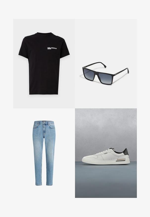 Schwarzes T-Shirt aus Baumwolle mit Rundhalsausschnitt und kurzen Ärmeln. Auffälliger weißer Logo-Text auf der linken Brustseite. Einfaches Design.; Hellblaue Denim-Jeans mit einem lässigen Schnitt, Fünf-Taschen-Design und dezenten Abnutzungserscheinungen. Mit einem Markenpatch nahe der Taille.; Weißer Sneaker mit niedrigem Schnitt und schwarzer Ferse, Schnürverschluss, dezenten Perforationen und "BOSS"-Logo an der Seite, gezeigt von der äußeren Seitenansicht.; Schwarze rechteckige Sonnenbrillen mit verlaufsdunklen bis hellen Gläsern. Kunststoffrahmen mit schlankem Design und minimalen Hardwaredetails an den Seiten.